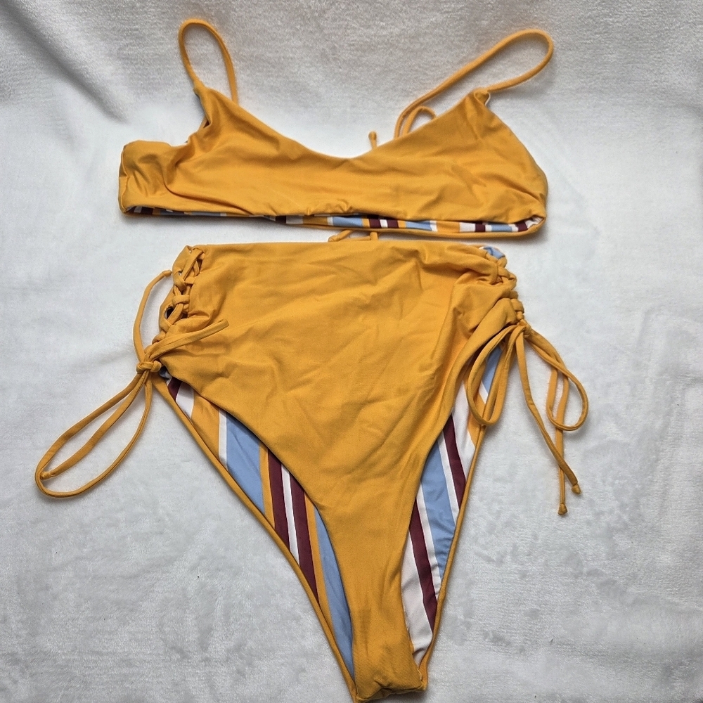 Venus Yellow and Blue Bikini Modern Reversible High-Waisted Swimsuit Set